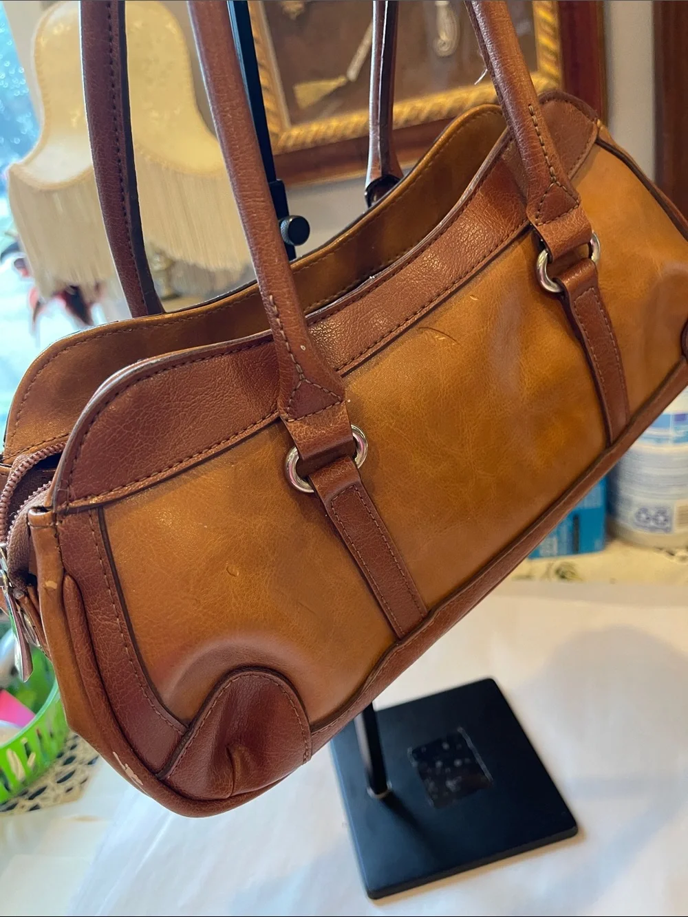 Rina Rich Brown and Tan Leather and vinyl Handbag Label View